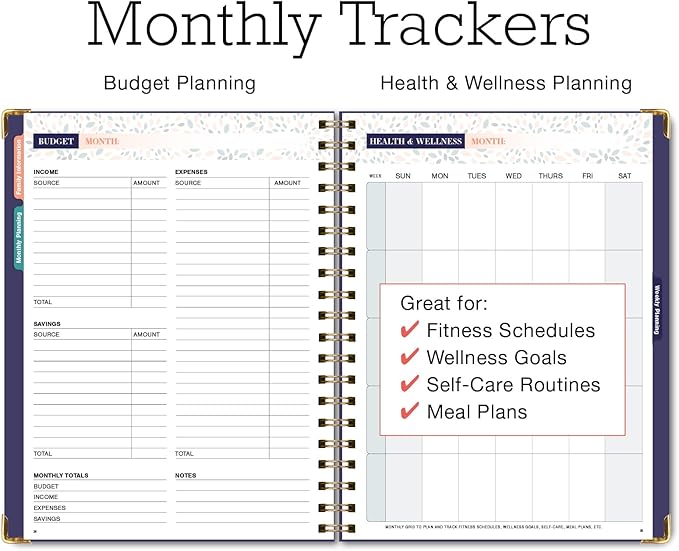 Undated Family Planner Organizer – 8.5" x 11" Weekly & Monthly Calendar for 5+ People, Meal Planning, Budgeting, Habit Tracker – Hardcover, Household Schedule Organizer for Parents, Kids, & Caregivers (Small Navy Floral)