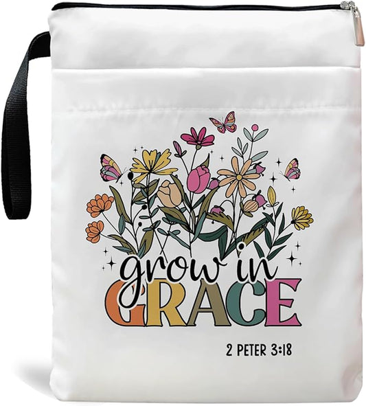 Christian Book Sleeve, Book Covers for Paperback, Book Lover Gifts, Bookish Gift, Inspirational Quote Book Pouch for Girl Women 11.4 x 9.05 Inch- Grow in Grace