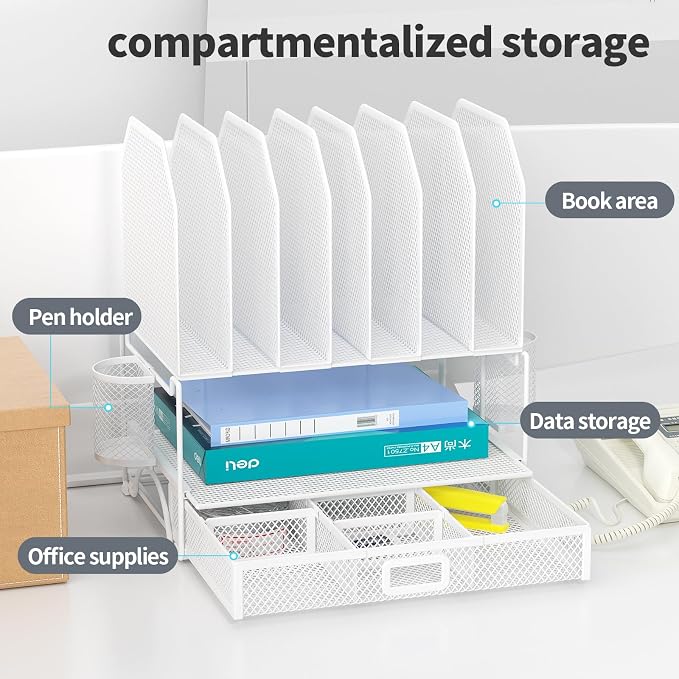 FANXIYQ Metal Desk Organizer with Sliding Drawer, 7-Section File Organizer for Desk, Desktop File Folder & Paper Organizer with 2 Hanging Pen Holders, Office Supplies Organizer, White
