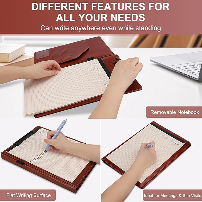 Clipboard Padfolio with Storage Pocket, Clipboard Folder Portfolio Organizer,360 Degree Foldable Clipboards with Refillable Notepad,Faux Leather Padfolio Organizer for Office School Supplies-Red Brown