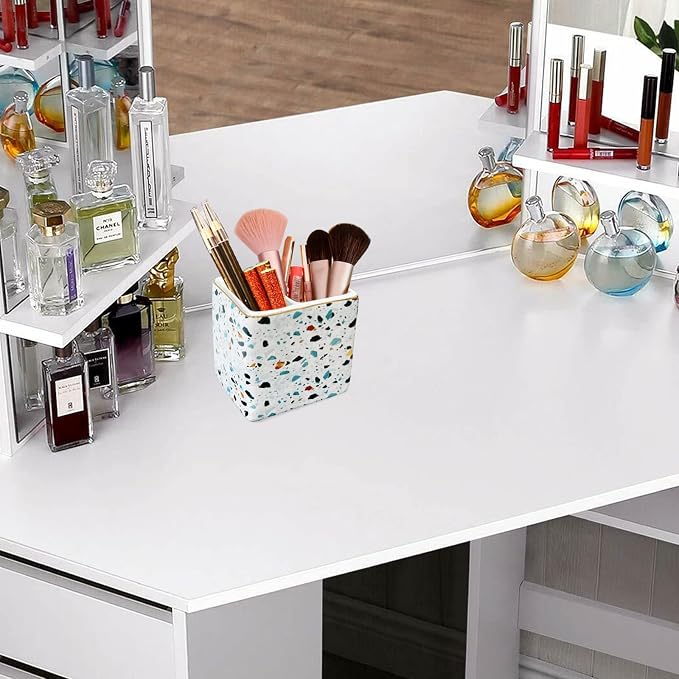 Pen Holder for Desk,Ceramic 2 Compartments Gold Terrazzo Marble Pencil Holder for Women Desk Organizer Storage Desktop Accessory Office School Home Pen Cup Blue