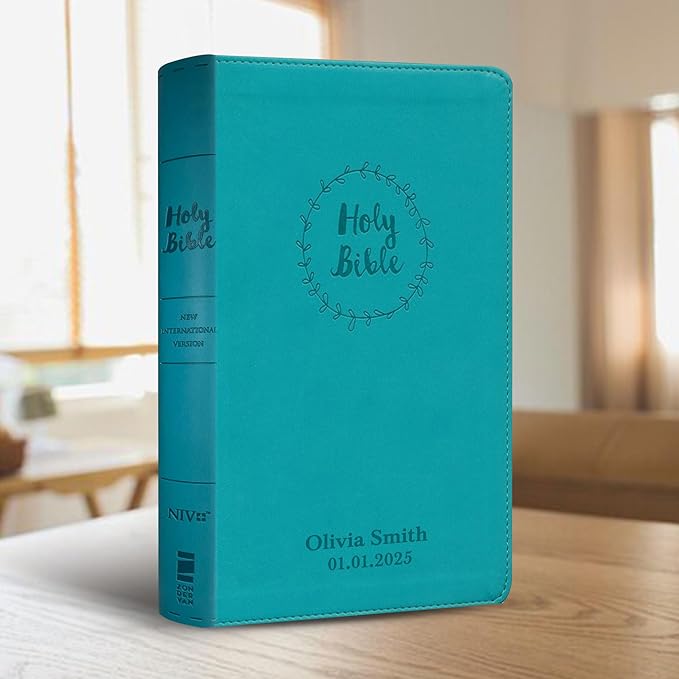 Personalized NIV Thinline Holy Bible Medium Print Size | Includes Custom Engraved Name Faux Leather Cover | Custom Gift for Christian & Religious Celebrations | Teal