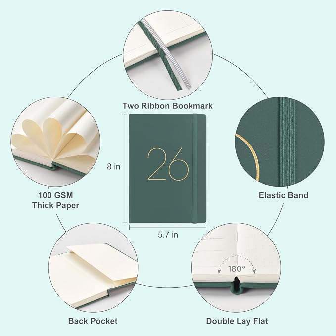 And Per Se 2026 Planner, 15 Months Hardcover Daily, Weekly & Monthly Planner, A5 size, 100GSM Thick Paper, Back Pocket, 5.7" x 8"(Forest Green)