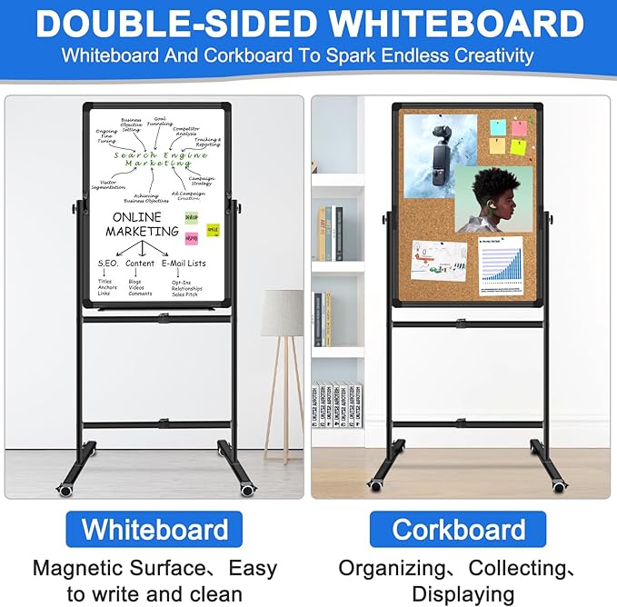 Max-officoo Double Sided Whiteboard & Cork Board on Wheels 30"x40" Adjustable Height & Angle Mobile Magnetic Dry Erase Board with Rolling Stand
