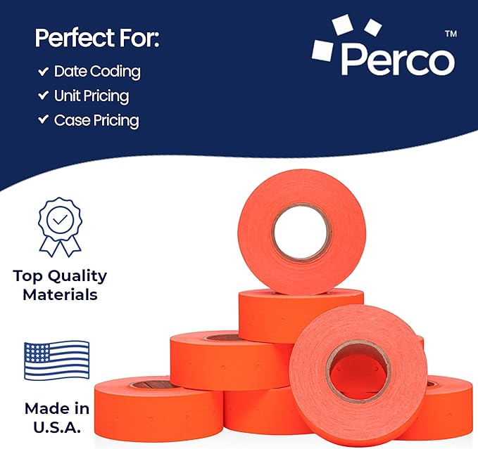 Perco 2 Line Fluorescent Red Labels - 80 Rolls, 10 Sleeves, 80,000 Blank Price and Date Gun Labels for Perco 2 Line Price and Date Guns - Made in USA