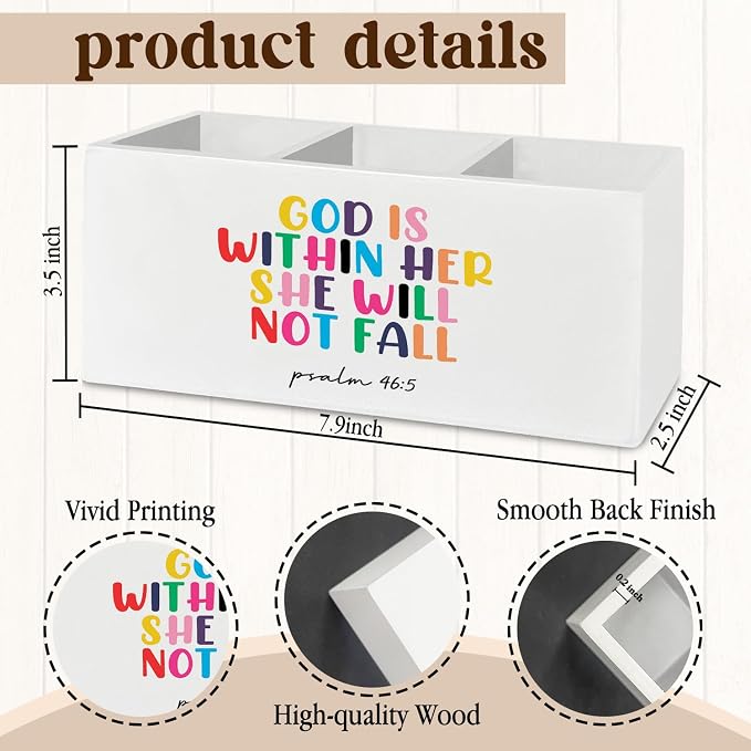Christian Inspirational Pen Pencil Holder Organizer for Desk Accessories, God Is Within Her She Will Not Fall Bible Verse Wooden Box Sign Desk Decor for Home Office Decoration