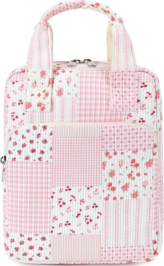 DSIUE Kids Bible Cover Case Gilrs Corduroy Bible Carrying Case Book Holder/Carrier/Bag with Handle and Pockets, Pink Patchwork Floral