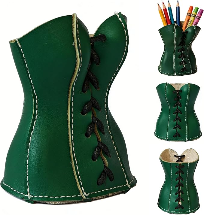 Faux Leather Lace-Up Corset Pencil Holder – Gothic Y2K Desk Pen Cup Makeup Brush Organizer Mini Storage for Home Office, Green