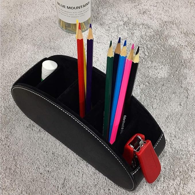 Remote Control Holder Organizer - Table Desk Leather Control Storage with 5 Spacious Compartments (Black)