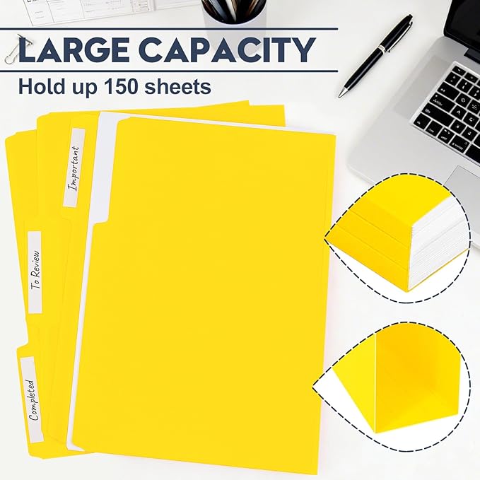 File Folders,Colored File Folders Letter Size 8.5" x 11",150 Pack 1/3 Cut Tab Bulk Folders,Durable Paper Folders with Blank Labels for Office Business School Home Use,Lemon Yellow