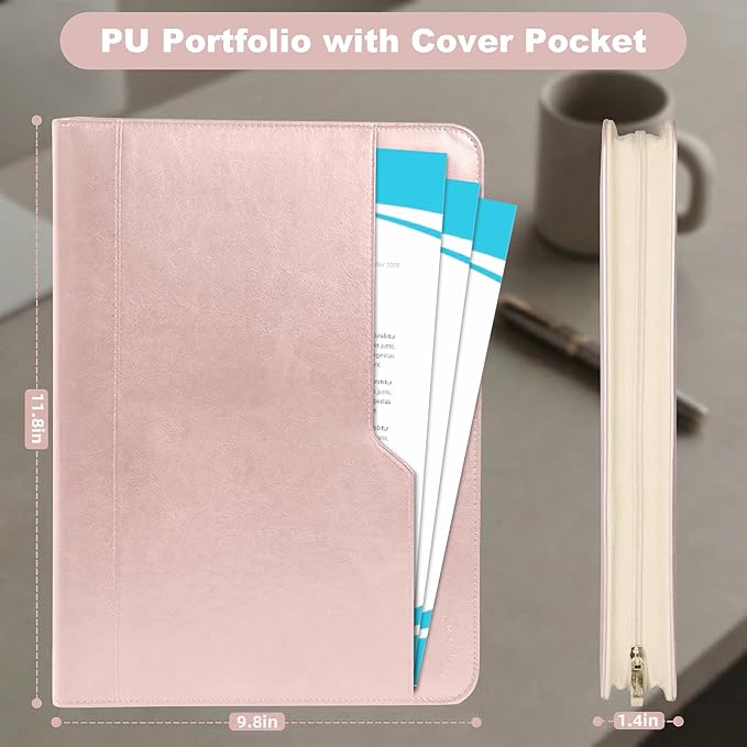 Zippered Padfolio with 3-Ring Binder & Clipboard, PU Leather Portfolio Organizer for Men Women, A4 Document Holder with Phone Pocket Pen Loops Card Slots, Professional Business Folder Rose Gold