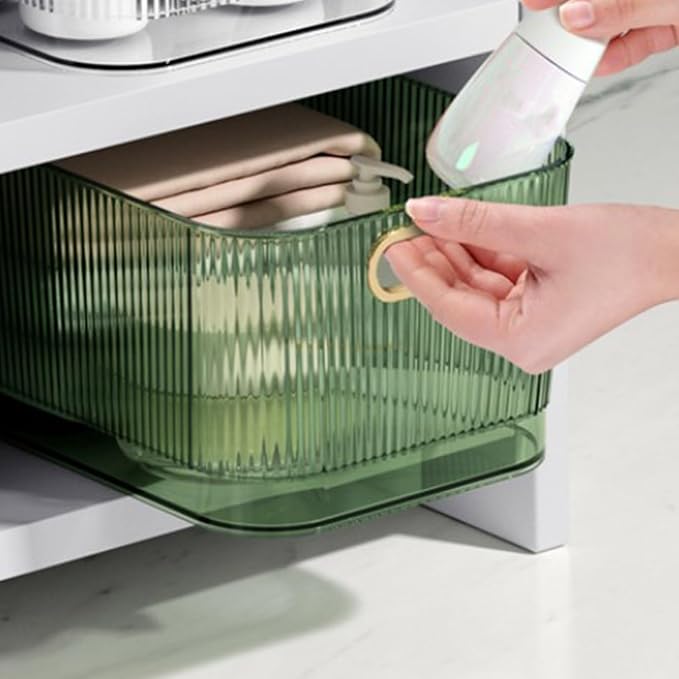 POCREATION Acrylic Storage Bin Clear Green Transparent Desktop Organizer with Convenient Handle for Skincare Products Cosmetics Accessories (M (23x16x10.2cm/9.06x6.30x4.02in))