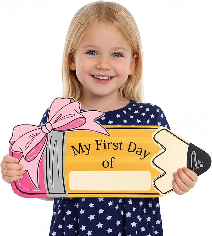 Novabright Pink Bow First Day of School Board Double Sided Printing Pencil First Day Sign 1st of Kindergarten Preschool Chalkboard for Back to School Supplies Kids Girls