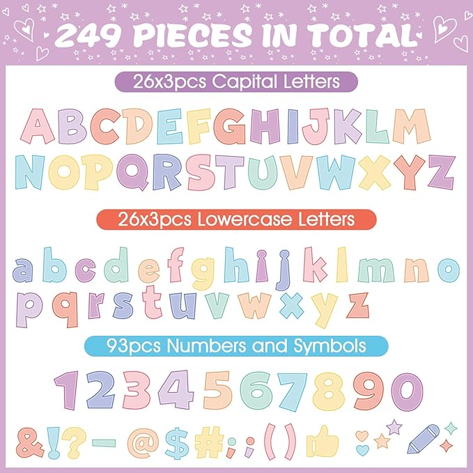 249 Pcs Bulletin Board Letters Set, 4 Inch Colorful Alphabet Numbers & Punctuation Cutouts with Adhesive Dots for Classroom Wall & School Decor (Pastel)