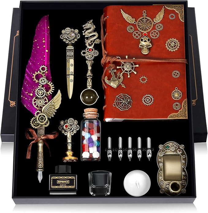 Aifeiter Quill Pen and Ink Set With Quill and 5 Replaceable Nibs,Seal Stamp,Spoon,Wax Beads,White Wax,Pen Holder, Cup,Envelope,Letter Paper,Envelope Tool(purple)