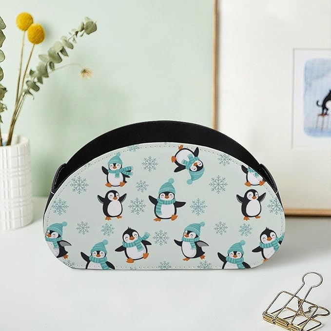 TV Remote Holder with 5 Compartments, PU Leather Desktop Organizer for Bedside Table, Office, and Living Room, Animal Penguin Cute Penguins