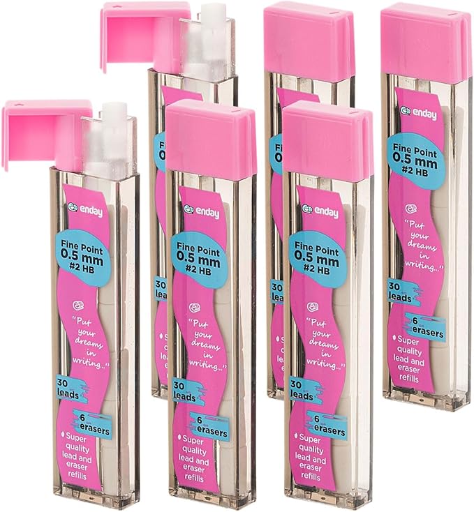 Enday Mechanical Pencil Refills, Black HB #2 Lead 0.5, White Eraser Refills for Pencil Tops, 2 Packs of 3 Tubes (30 Pieces of Lead & 6 Erasers per Tube)