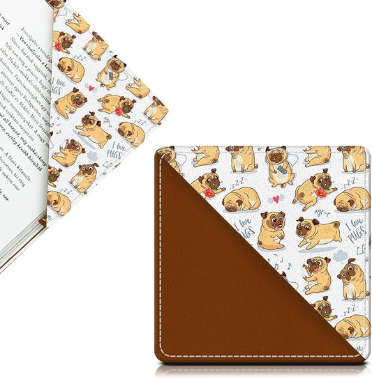 Cute Leather Bookmarks, Fun Triangle Making Corner Bookmark, Book Accessories for Reading Book Lovers, Unbreakable Page Markers for Women Men Funny Pug Dogs