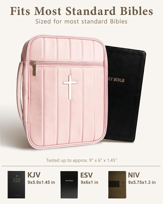 Wuflyover Bible Bag for Women, Quilted Bible Cover Case with Handle, Bible Carrying Case for Church and Bible Study, (Pink)