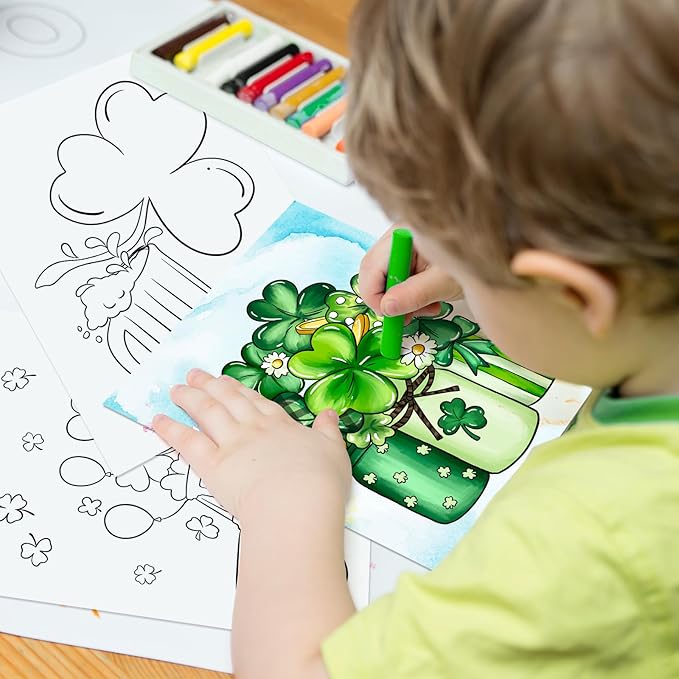 COCHIE 36PCS 8x10 Inches St. Patrick's Day Coloring Pages for Kids, Bulk Color Your Own Sanit Patricks Shamrock Paper Crafts Party Favors, Small Coloring Sheets Holiday Gifts