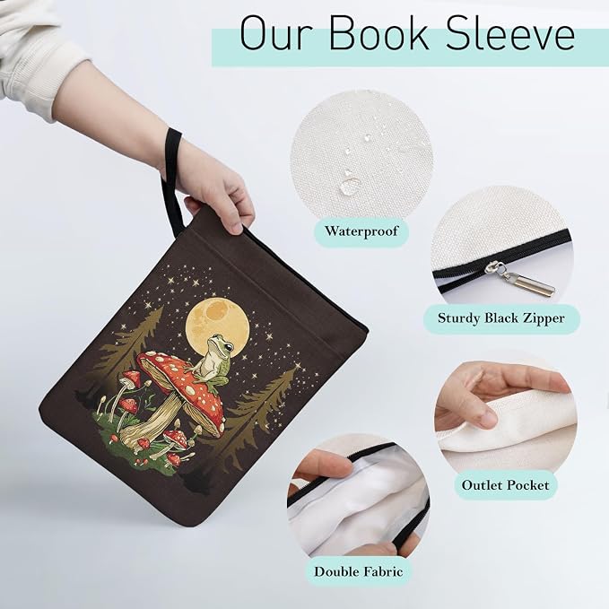 Funny Frog Mushroom Book Sleeve for Book Lovers, Paperback Sleeve for Librarian Lovers Bookish Group Club Gifts for Women, Book Cover with Zipper and Front Pocket for paperbacks 9 x 12 Inch