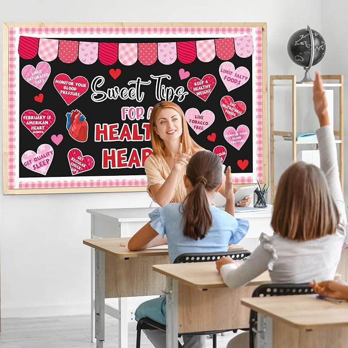 Valentine's Day Health Bulletin Board Set Pink Red Heart Paper Bulletin Board Valentines Classroom Sweet Tips for a Healthy Heart Cutouts for Valentines School Classroom Home Chalkboard Wall Decor