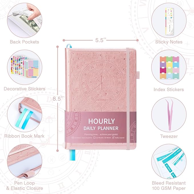 Undated 12 Month Planner Hardcover (5.5x8.5") - Weekly & Monthly Academic Life Organizer, Productivity Journal, Thick Paper, Sticker, Bookmark, Pen Loop(Rose Gold)
