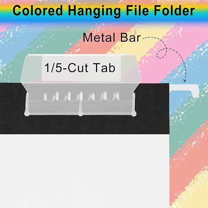pmybupo 6 Pack Black Hanging File Folders,Letter Size Hanging Colored File Folders-,11 Point Paper Stock,1/5-Cut Adjustable Tabs,Bulk for Filing Cabinet