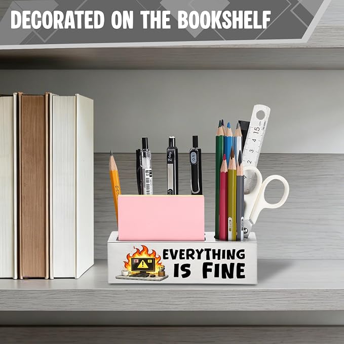 FOKCBOCM Funny Office Pen Holder with Everything Is Fine Quote, Stainless Steel Desk Organizer for Work Stress Humor, Sarcastic Workspace Decor Gift for Coworker-DS130