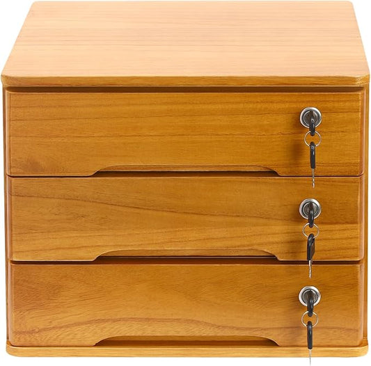 Desktop Storage Organizer Countertop Storage Cabinet with Lockable Drawers Wooden Desk Organizer for Office Supplies File Jewelry Accessories (3 Tiers)
