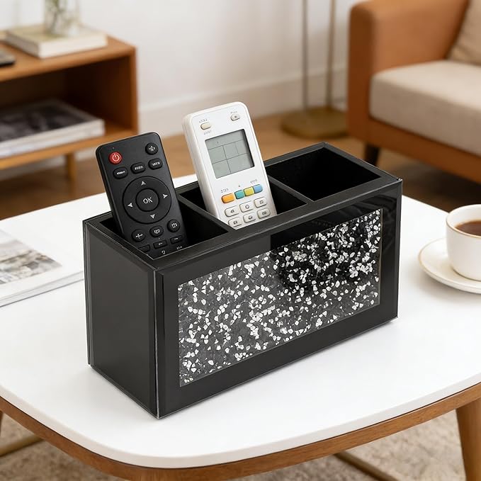 SHYFOY Remote Control Holder, 3 Compartments Glass TV Remoter Caddy Crushed Diamond Desktop Organizer Makeup Brush Holder Storage Fits TV Remotes, Media Controllers, Office Supplies(Black)