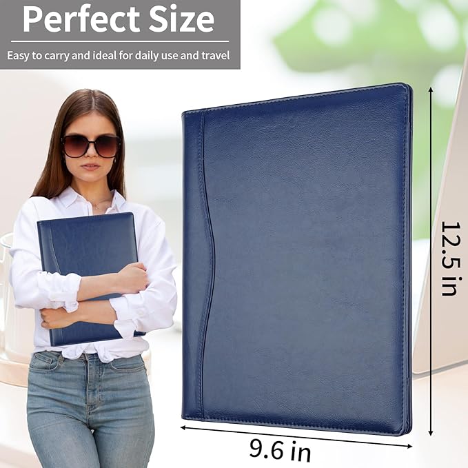 MOWPOG Professional Padfolio Portfolio Binder, Faux Leather Interview Resume Folder, Letter Size A4 Legal Writing Pad Holder, Document Organizer for Business School Office Conference (Blue)