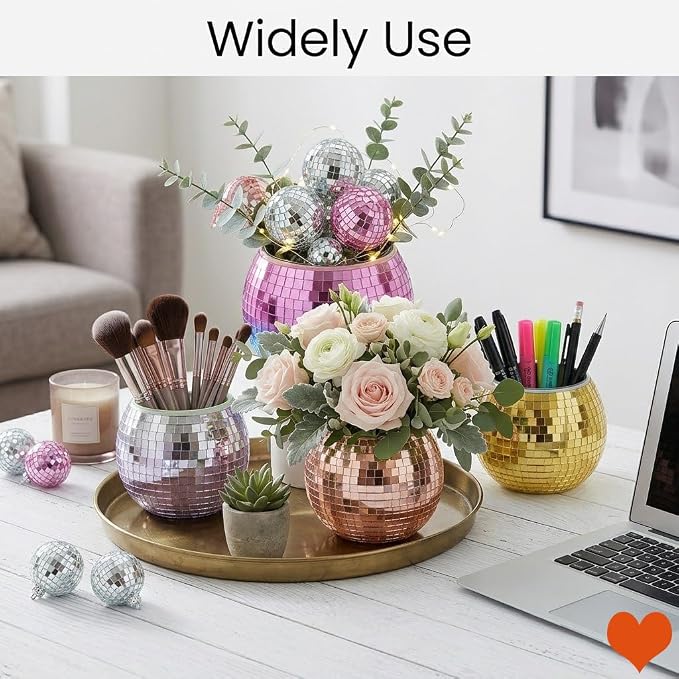 Disco Ball Pencil Holder for Desk - Cute Office Decor & Makeup Brush Organizer, 4.7 Inch Sparkly Glass Pen Cup, Fun Desk Accessories for Women (SILVER)