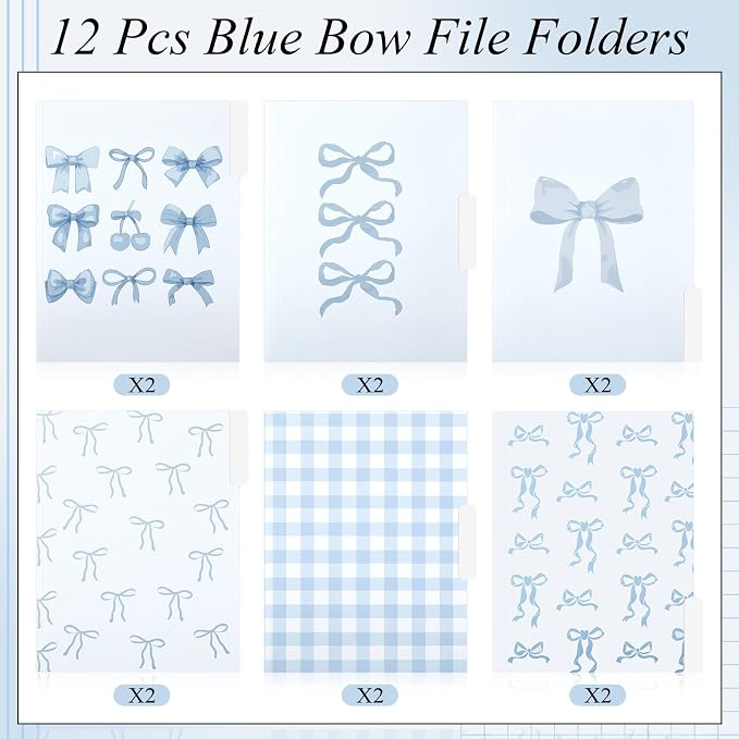 Yaomiao 12 Pcs Coquette Blue Bow File Folders, Letter Size Bowknot Plaid Decorative File Organizer with 1/3 Cut Tab, Cute Pretty Document Holder for Office Home Studyroom Birthday Gifts, 8.5 x 11 Inch