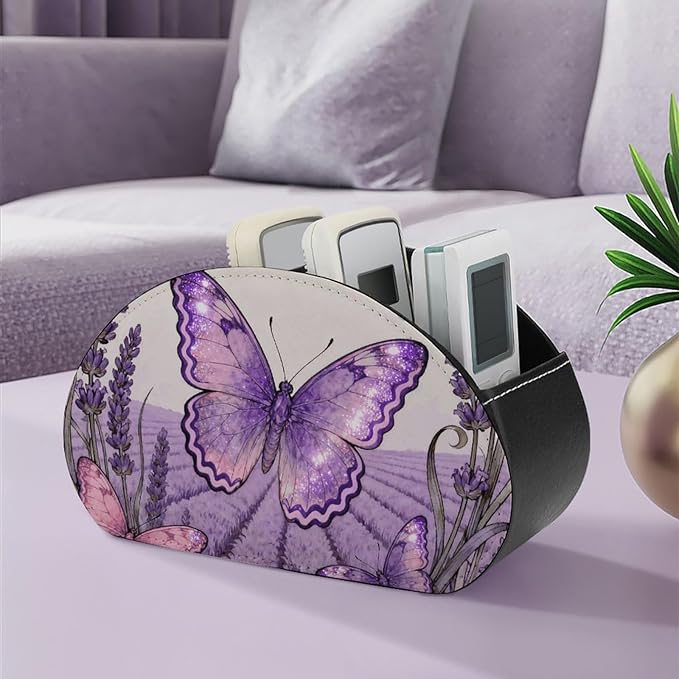 Butterfly Lavender Spike TV Remote Control Holder with 5 Compartments PU Leather Storage Container Caddy Desktop Organizer for Media Player Makeup Brush Pencil Glasses Office Supplies