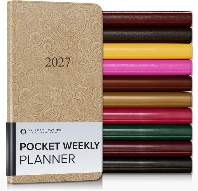 Gallery Leather Pocket Weekly Monthly Planner 2027, Elegantly Bound Calendar Planner and Notebook with Stylish Gold-Gilded Page Edges, 12 Months - Floral Latte - 6x3.25"