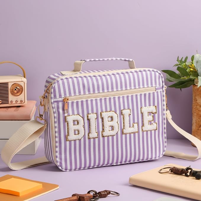 Dansydaisy Bible Cover Case for Women Large Chenille Letter Stripe Church Bible Bag with Shoulder Strap for Women (Purple)
