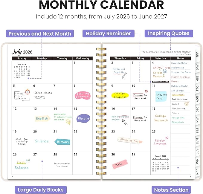 Planner 2026-2027, Monthly and Weekly Calendar Academic Planner July 2026 - June 2027, Hardcover Student Teacher Planning Agenda Book with Tabs, Perfect for Office School Supplies, A5 (6.3" x 8.5") - Lavender Bunch