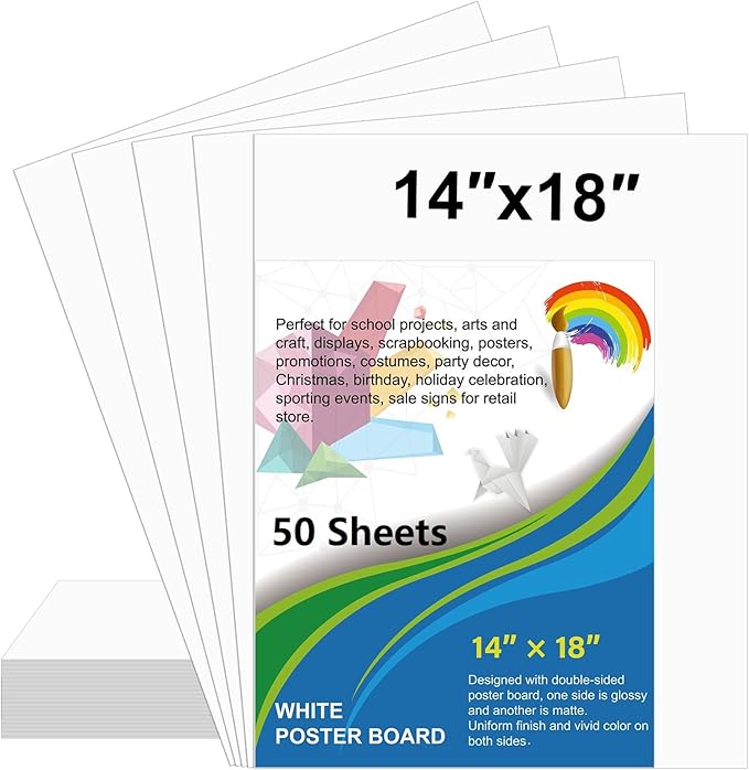 50 Pcs White Poster Board Paper 14x18, ROOKEA Blank Graphic Display Vision Boards Bulk for School Arts Classroom Crafts Projects Presentations Drawing Scrapbooking