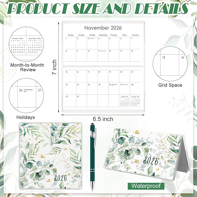 Gueevin 2026 Pocket Calendar for Purse with Pen Small Pocket Planner Handy Weekly Monthly Planner Journal Writing Notebook Valentine New Year Gift Sister Friend Women(Eucalyptus,Dark Green)