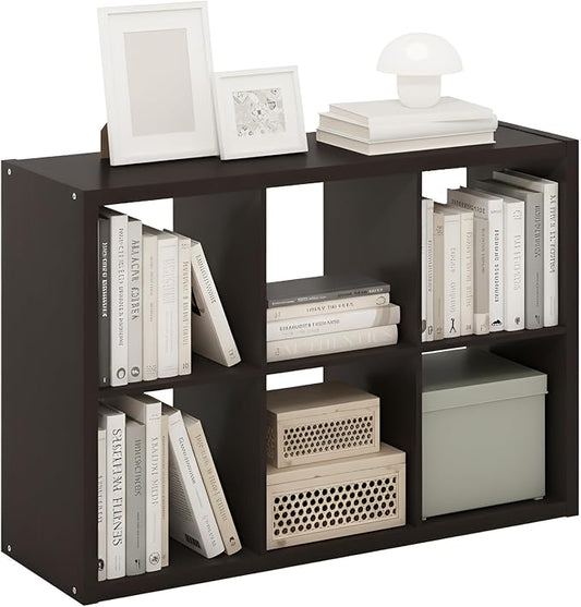 Furinno Cubicle Book Shelf, 6-Cube Bookshelf, Extra Thick Frame Horizontally & Vertically Reversible Bookcase with Open Back, 14.6" x 44" x 30", for Living Room, Bedroom, Home Office, Black Dark Oak