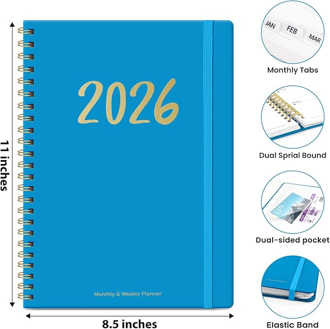 2026 Planner - Weekly and Monthly Planner, January 2026 to December 2026, Spiral Bound 2026 Calendar Planner Book, Inner Pocket, Perfect for Office Home School Supplies - A4 (8.5" x 11"), Azure Blue