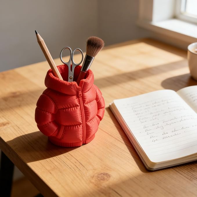 YOKUSHI Down Jacket Pen Holder, 3D Printed Funny Puffer Jacket Pencil Holder, Creative Desk Organizer for Office Supplies, Cute Unique Stationery Holder for Desk, Quirky Gift for Women Men (Red)