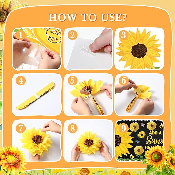 Pasimy Spring Bulletin Board Decorations Set 3D Sunflower Bulletin Board Bee Classroom Decor Honeycomb Butterfly Flower Kindness Cutouts Borders for Home Office Wall Door Window Supplies(Sunflower)