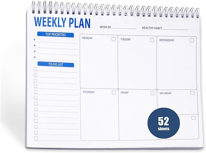 Spiral Weekly Planner - 7.5" x 10" Weekly Planner Notepad with 52 Sheets, 100gsm Paper, Undated Planners for Time Management & Habit Tracker, Weekly Calendar for Organizing Your Week (Blue)