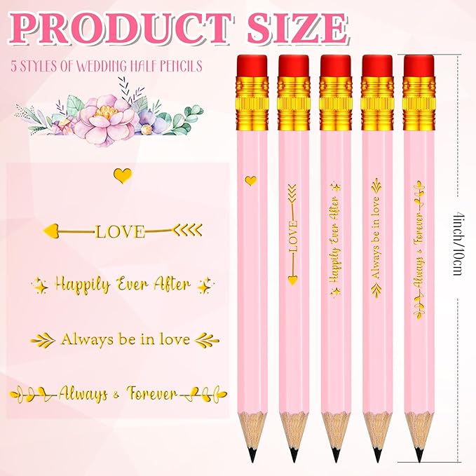 Crtiin 50 Pcs Bridal Shower Pencils Half Golf Wedding Pencils with Eraser 4 Inch Short Pocket Pre Sharpened for Wedding Game Bridal Shower Presents Classroom School(Pink)