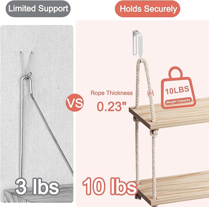 2 Tier Cubicle Shelf for Walls, 11.8" Wooden Hanging Wall Shelf with Hooks & Cotton Rope, Boho Style Office Cubicle Accessories for Work, Desk Wall Storage Organizer for Office Decor