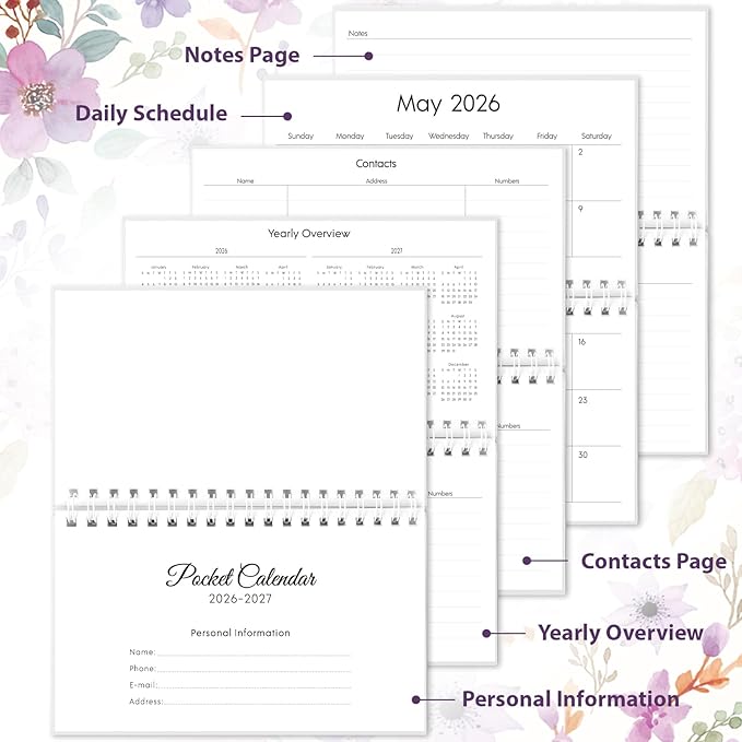 Phyxin Pocket Calendar 2026-2027, Pocket Calendar 2026 - Runs from January 2026 Until December 2027, 2026-2027 Monthly Planner-4.2" x 6.5", Pocket Planner with Coil for School Office Supplies, Purple