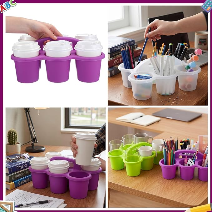 Reallnaive 6 Pack Classroom Caddy Plastic Cup Crayon Pen Holder with Handle, 6-hole Cup Storage Art Caddies Table Organizer for Drink Delivery Pencil Pen School Office Art Crafting (Bright Colors)
