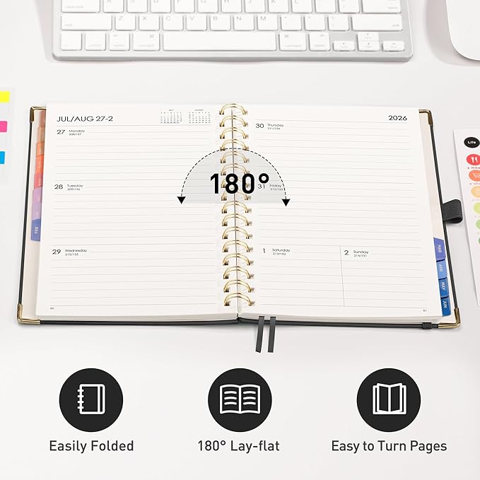 RETTACY Academic Planner 2026-2027, Weekly and Monthly, July 2026 - June 2027, Medium Size (5.7" x 8.3"), Calendar, Agenda, 12-Month Tabs, Hardcover, for Student, Teacher, School (Black)